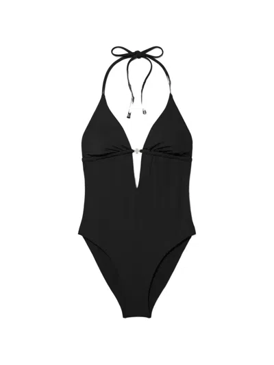 Tory Burch Halter Neck Plunge Swimsuit Ring Detail In Black