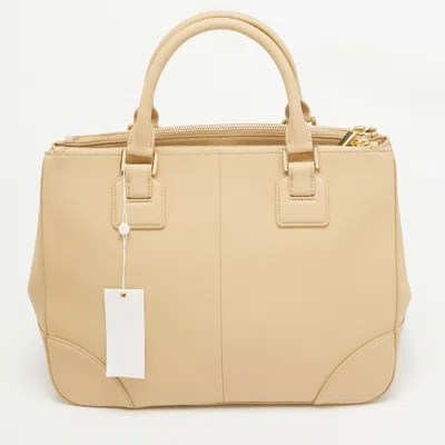 Pre-owned Tory Burch Toasted Wheat Leather Robinson Double Zip Tote In Beige