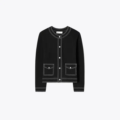 Tory Burch Topstitch Wool Cardigan In Black