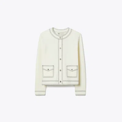 Tory Burch Topstitch Wool Cardigan In White