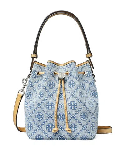 Tory Burch Tory Birch T Monogram Denim Small Bucket Bag In Powder Blue