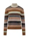 Tory Burch Striped Merino Wool Turtleneck Sweater With Ribbed Details In Brown