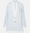 Tory Burch Light Blue Kaftan With V-neck And Pendant On The Front In Silk And Viscose Blend Woman In Light Blue Sky