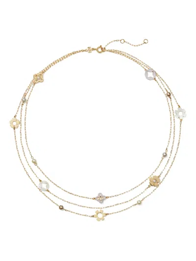 Tory Burch Triple-strand Flower-charm Necklace In Gold