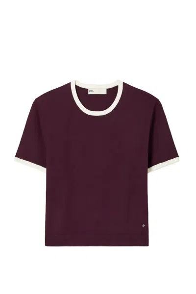 Tory Burch Contrast-trim Short-sleeve Sweater In Brown