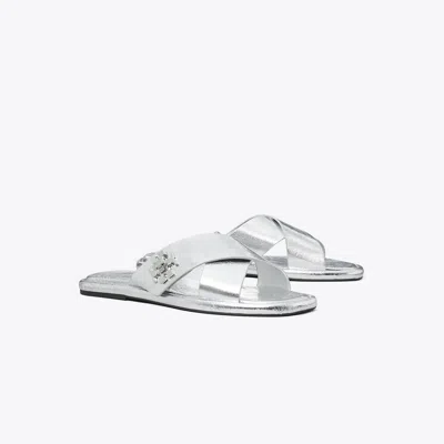Tory Burch Turnlock Cross-band Slide In Silver
