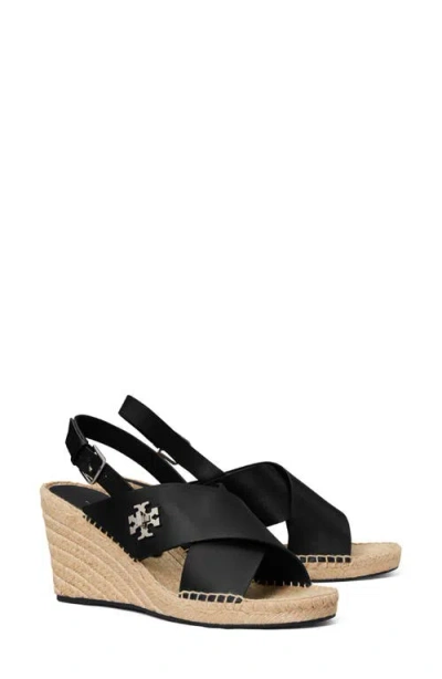 Tory Burch Turnlock Espadrille Slingback Platform Wedge Sandal In Black