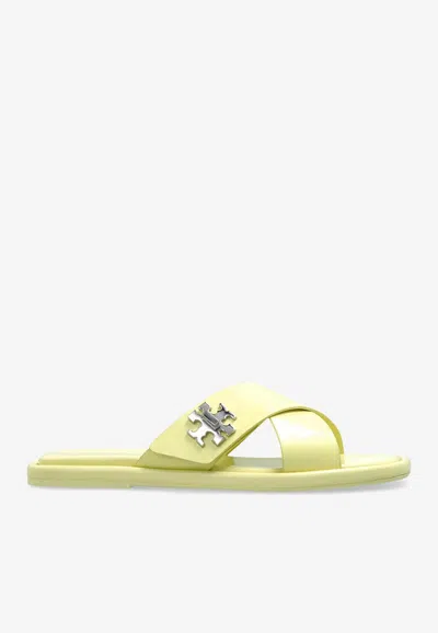 Tory Burch Turnlock Leather Flat Sandals In Yellow