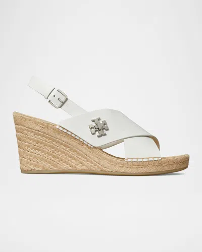 Tory Burch Turnlock Leather Slingback Espadrille Wedge Sandals In White