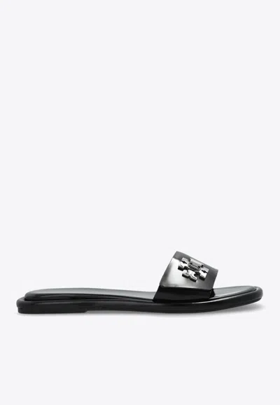 Tory Burch Turnlock Logo Leather Slides In Black