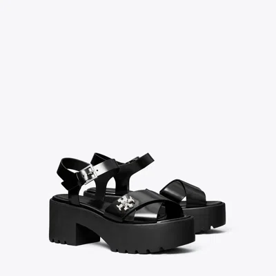 Tory Burch Turnlock Lug Heeled Sandal In Black
