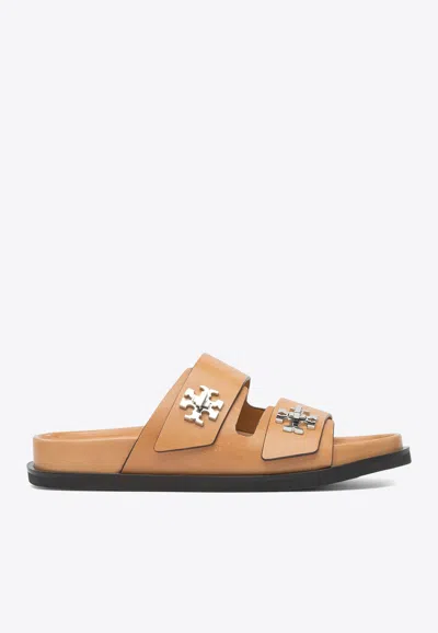 Tory Burch Turnlock Sport Leather Slides In Sand