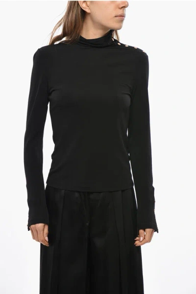 Tory Burch Turtleneck Viscose Top With Buttoned Detail In Black