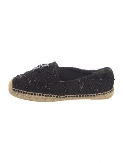 Pre-owned Tory Burch Tweed Beaded Accents Espadrilles In Black