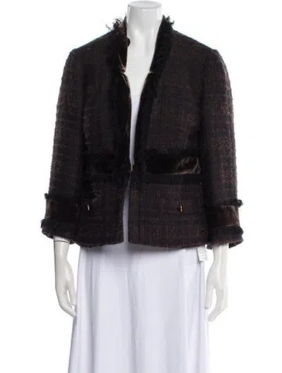 Pre-owned Tory Burch Tweed Pattern Faux Fur Jacket In Black