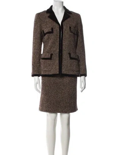 Pre-owned Tory Burch Tweed Pattern Raw-edge Trim Skirt Suit In Brown