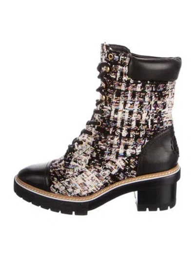 Pre-owned Tory Burch Tweed Printed Combat Boots In Multi