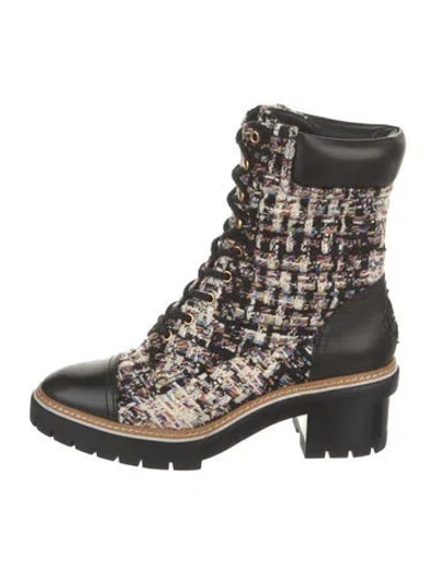 Pre-owned Tory Burch Tweed Printed Combat Boots In White