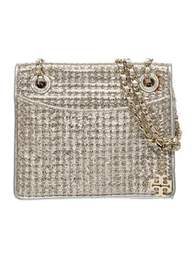 Pre-owned Tory Burch Tweed Shoulder Bag In Silver