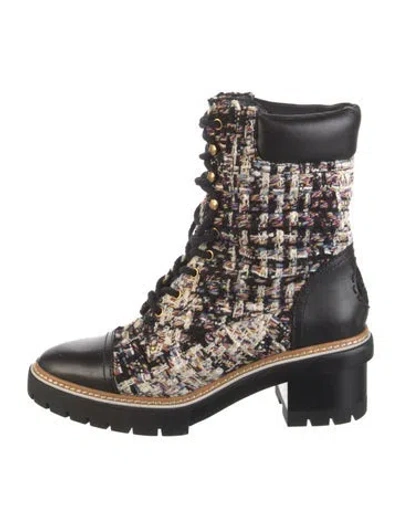 Pre-owned Tory Burch Tweed Tweed Pattern Combat Boots In Black