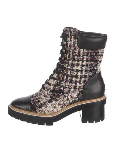 Pre-owned Tory Burch Tweed Tweed Pattern Combat Boots In Black