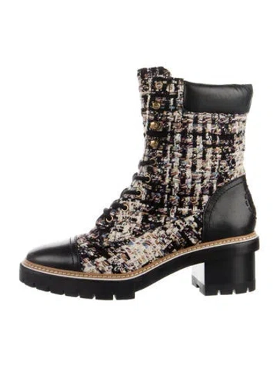 Pre-owned Tory Burch Tweed Tweed Pattern Combat Boots In Black