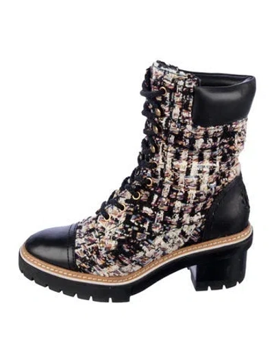Pre-owned Tory Burch Tweed Tweed Pattern Combat Boots In Black