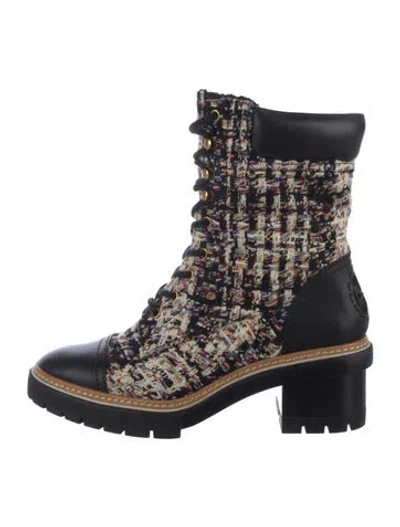 Pre-owned Tory Burch Tweed Tweed Pattern Combat Boots In Multi