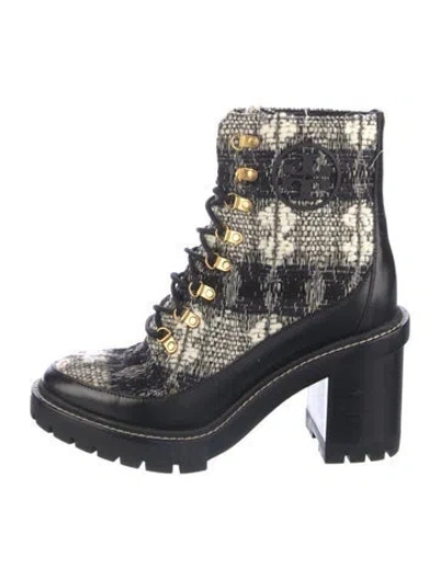 Pre-owned Tory Burch Tweed Tweed Pattern Combat Boots In Multi