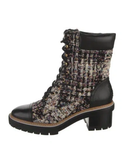 Pre-owned Tory Burch Tweed Tweed Pattern Combat Boots In Multi