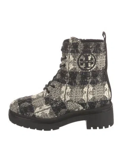 Pre-owned Tory Burch Tweed Tweed Pattern Combat Boots In Neutral