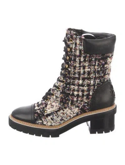 Pre-owned Tory Burch Tweed Tweed Pattern Lace-up Boots In Black
