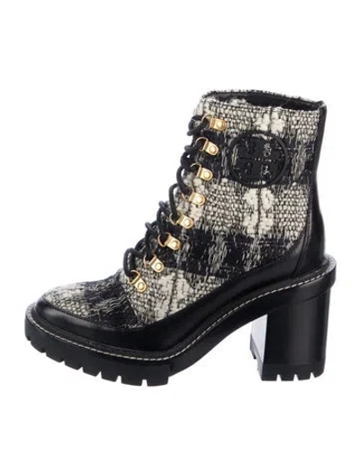 Pre-owned Tory Burch Tweed Tweed Pattern Lace-up Boots In White
