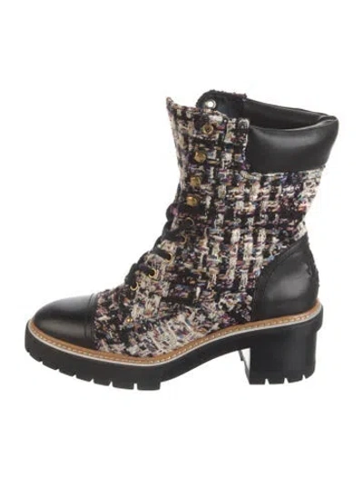 Pre-owned Tory Burch Tweed Tweed Pattern Lace-up Boots In White