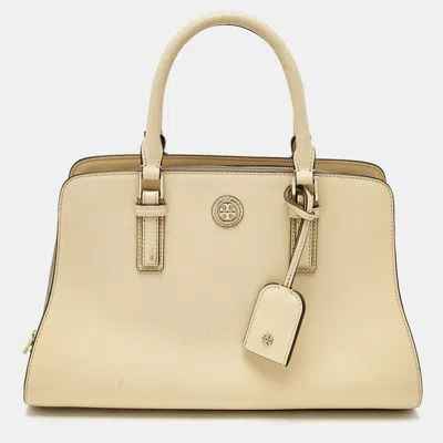 Pre-owned Tory Burch Two Tone Beige Leather Robinson Dome Satchel In Sand