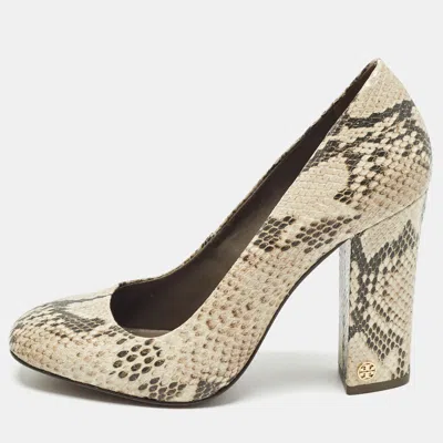 Pre-owned Tory Burch Two Tone Embossed Python Block Heel Pumps Size 39 In Brown