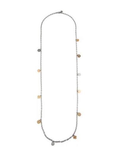 Pre-owned Tory Burch Two -tone Logo Charm Rosary Necklace, 41" In Multicolor