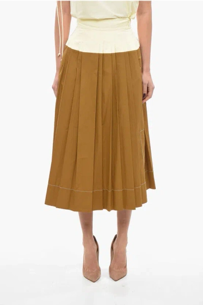Tory Burch Two Tone Popeline Cotton Accordion Skirt In Brown
