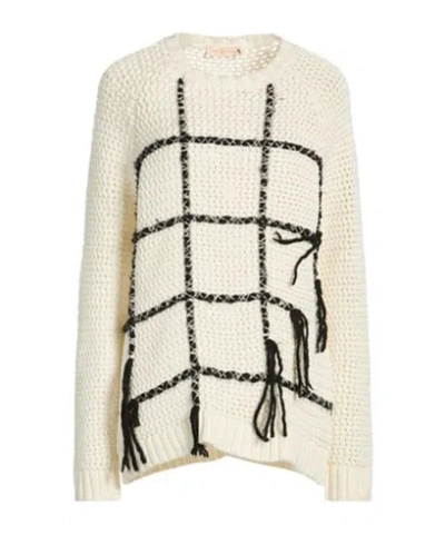 Tory Burch Two-tone Thick Knit Long Sleeve Top In White