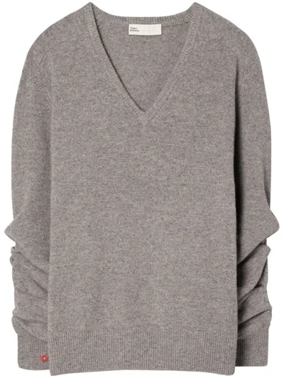 Tory Burch Wool V-neck Sweater In Nickel Gray Heather