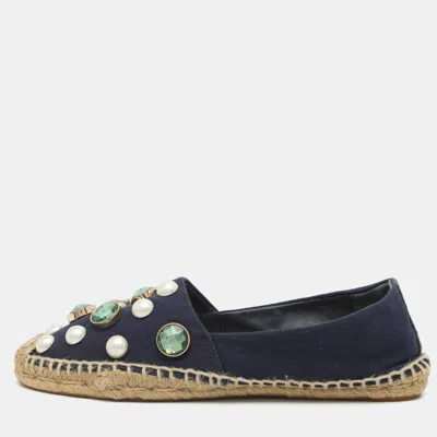 Pre-owned Tory Burch Vail Size 39 Navy Blue Canvas Crystal/faux Pearl Embellished Espadrille Flats