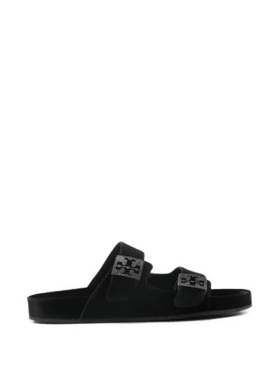Tory Burch Velvet Buckle-fastening Sandals In Black