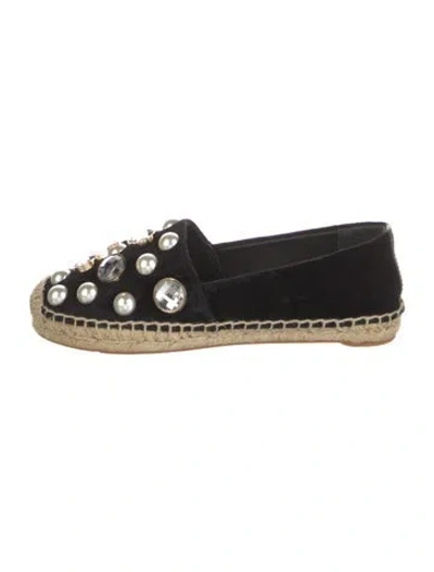 Pre-owned Tory Burch Velvet Crystal Embellishments Espadrilles In Black