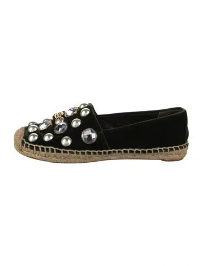 Pre-owned Tory Burch Velvet Crystal Embellishments Espadrilles In Green