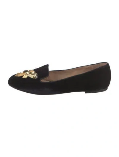 Pre-owned Tory Burch Velvet Graphic Print Loafers In Black