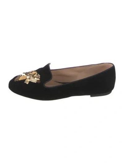 Pre-owned Tory Burch Velvet Graphic Print Loafers In Black