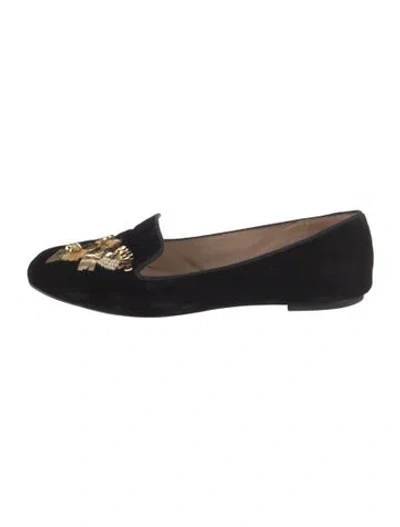 Pre-owned Tory Burch Velvet Graphic Print Loafers In Black