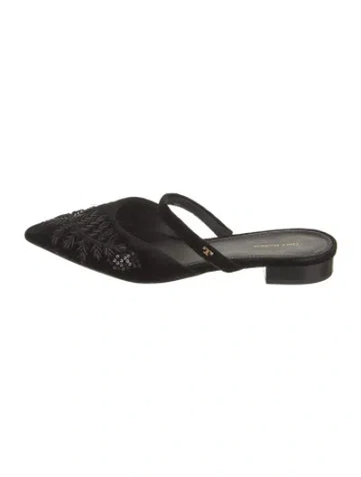 Pre-owned Tory Burch Velvet Patterned Mules In Black
