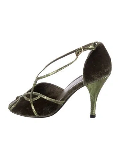 Pre-owned Tory Burch Velvet Patterned T-strap Pumps In Green