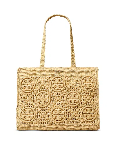 Tory Burch Vince Monogram Crochet Straw Tote Bag In Nude